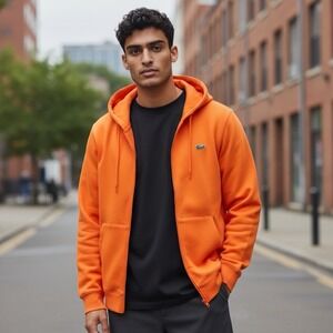 Lacoste Sport Men's Large Full Zip Hooded Fleece Sweatshirt Zip Pockets NWOT